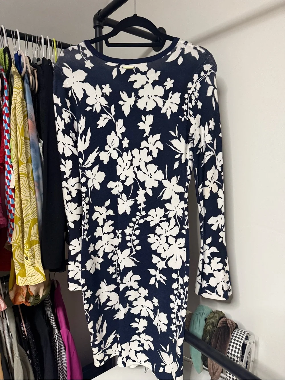 Michael Kors Navy and White Floral Long-Sleeve Dress